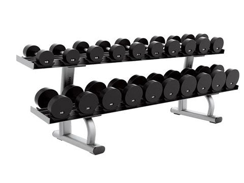 Factory photo of a Used Life Fitness Signature 2 tier 10 pair Dumbbell Rack with Saddles