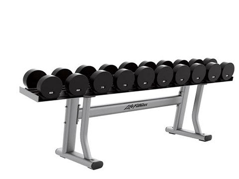 Factory photo of a Refurbished Life Fitness Signature single tier 5 pair Dumbbell Rack with Saddles