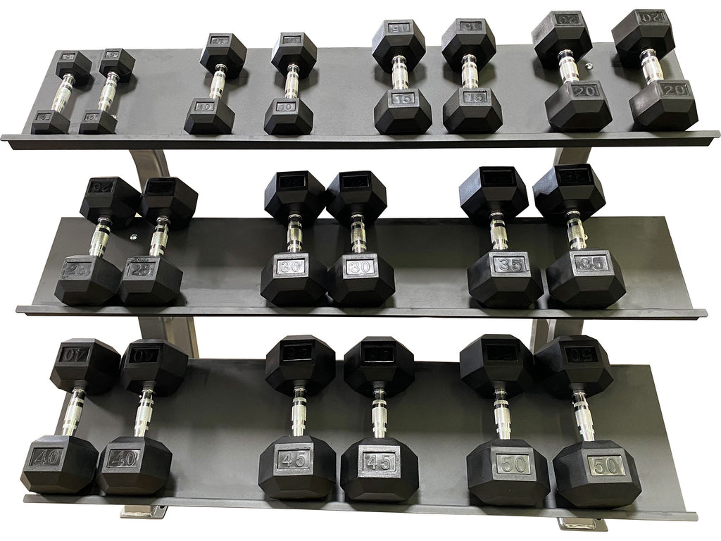 New Sportgear Rubber Hex Dumbbell Set 5 50 lbs on Rack