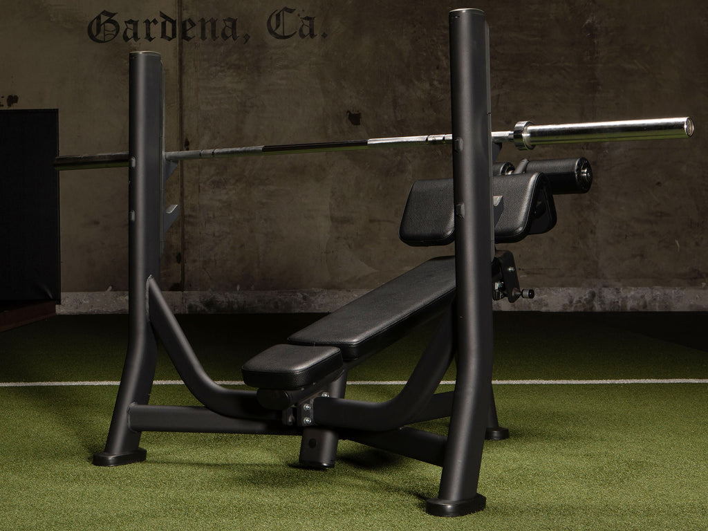 Sportgear Olympic Decline Bench in Global Fitness Gym - Rear with Olympic Bar