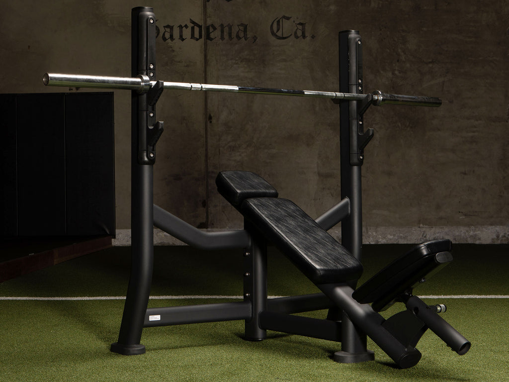 Sportgear Olympic Incline Bench in Global Fitness Gym - Right with Olympic Bar